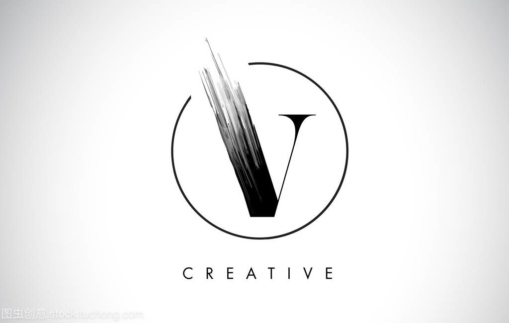 V 畫筆描邊字母標志設計。黑漆標志字母圖標